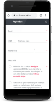 DOXXbet SK - registrácia cez mobil