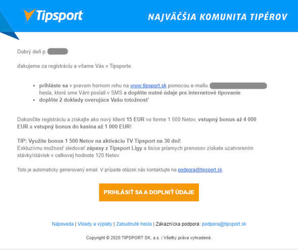 Tipsport registrácia - email