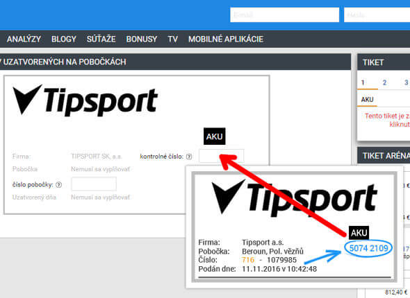 Tipsport - kde vpisat cislo tiketu - overenie