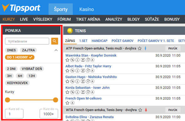 Tipsport výber kurzov - časový filter