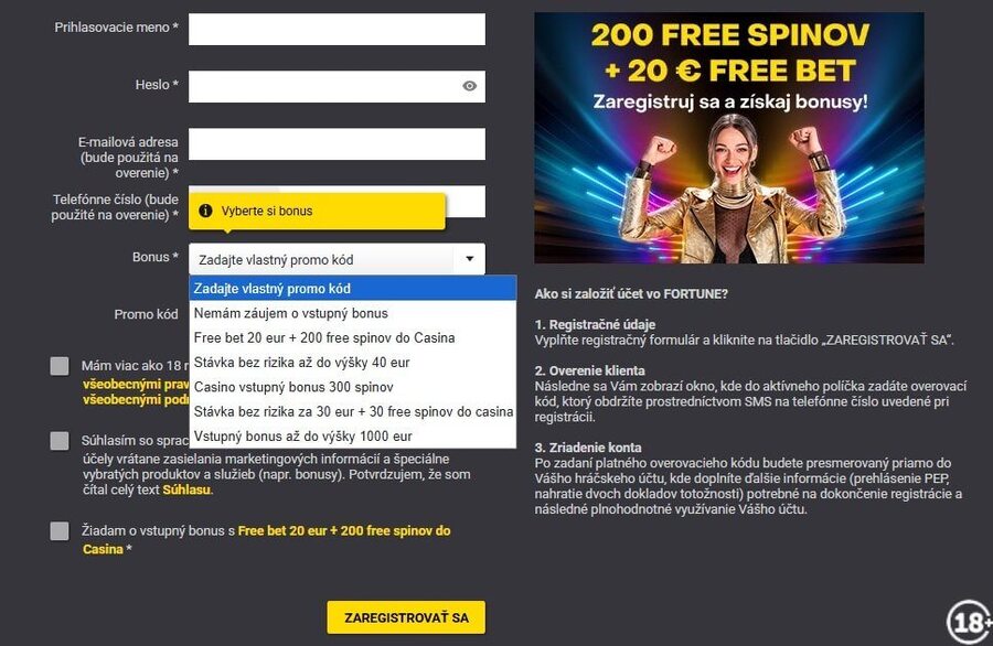 Fortuna bonus registracia