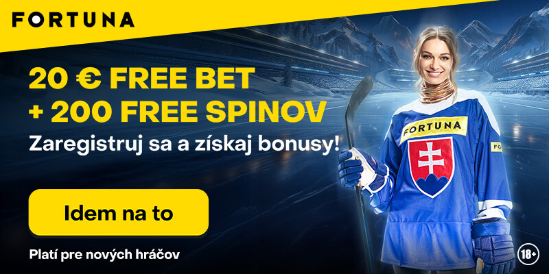 Fortuna ponúka 20 € na&nbsp;tipovanie zdarma už za&nbsp;registráciu a&nbsp;k&nbsp;tomu 200 free spinov.