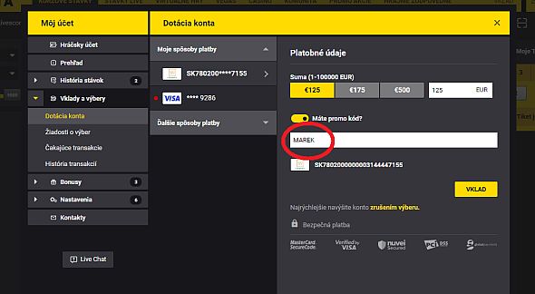 Kde vložiť promokód MAREK pri dotácii Fortuna konta
