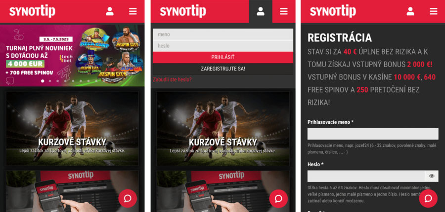 Synottip mobilná verzia (registrácia)