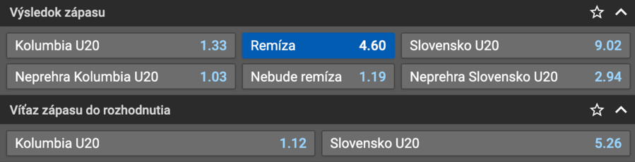 Stavte si na výsledok Kolumbia vs. Slovensko na MS vo futbale U20 v Tipsporte!