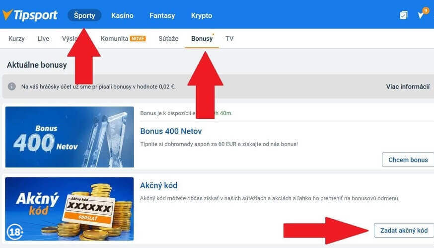 Akčný kód Tipsport – uplatnenie v&nbsp;hráčskom účte