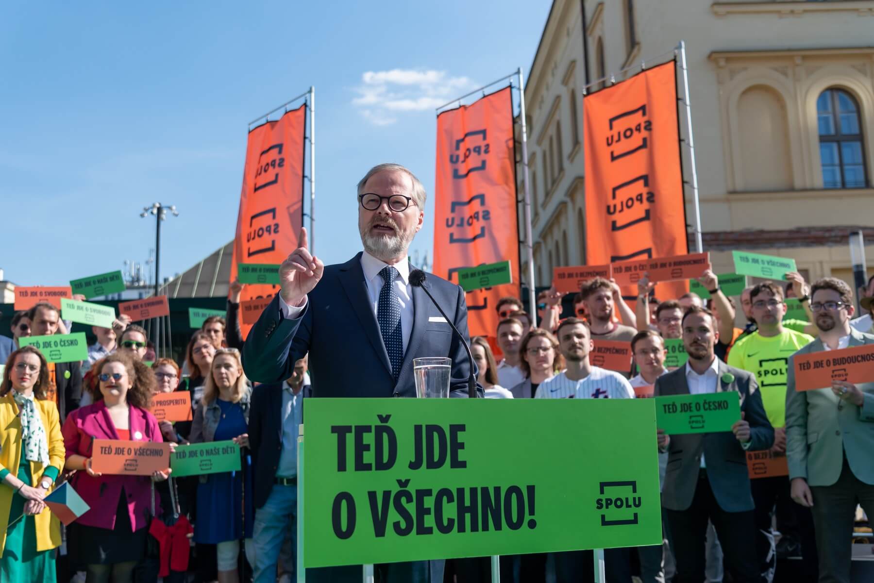 Premiér Petr Fiala na mítingu strany Spolu.
