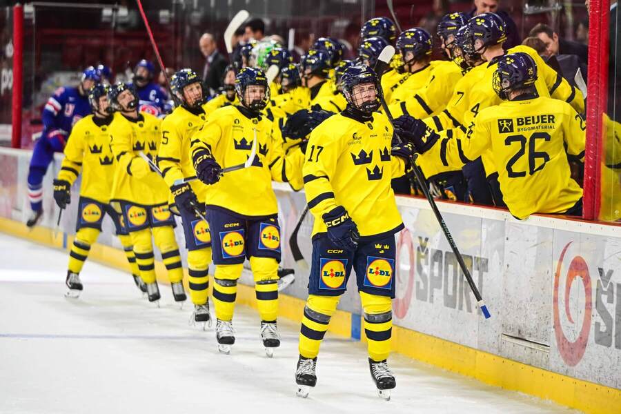 Elton Hermansson oslavuje gól so svojimi spoluhráčmi (Hlinka Gretzky Cup 2025)