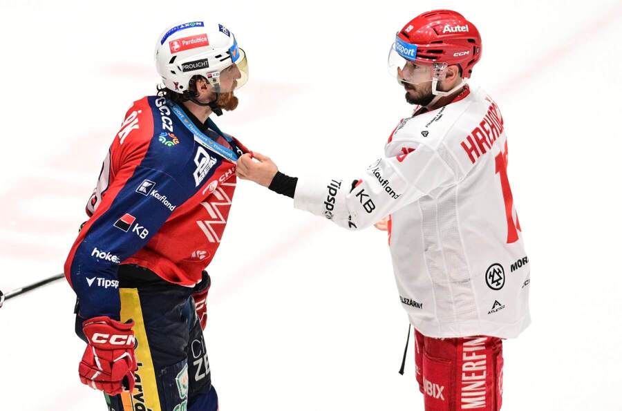 Pardubice vs. Třinec. Na fotke Lukáš Sedlák (Pardubice) a&nbsp;Patrik Hrehorčák (Třinec).