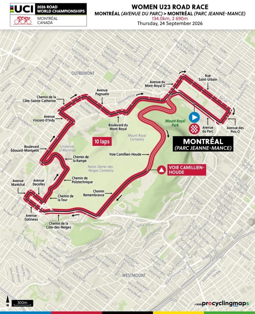 Mapa trasy pretekov s&nbsp;hromadným štartom žien do&nbsp;23 rokov a&nbsp;pretekov s&nbsp;hromadným štartom juniorov na&nbsp;MS v&nbsp;cestnej cyklistike 2026