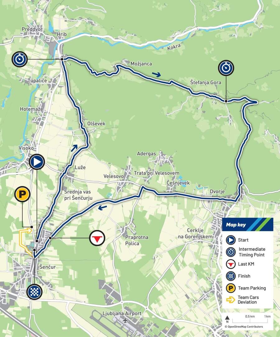 Mapa trasy individuálnej časovky na&nbsp;ME v&nbsp;cestnej cyklistike 2026