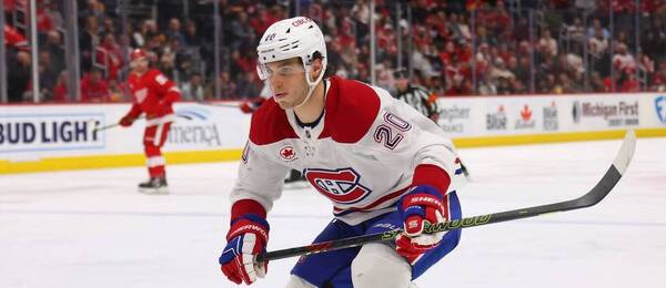 Juraj Slafkovský v zápase proti Detroit Red Wings.
